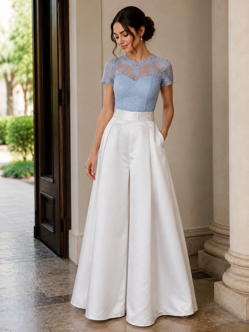 Flory Casanova White Satin Wide Leg Bridal Pants Size S Lined Wedding Elegant